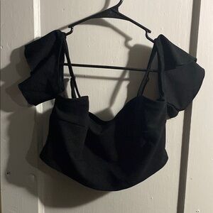 SHEIN Black Puff Sleeve Ruffled Crop Blouse